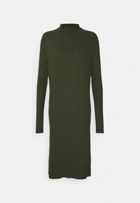 Abito a collo alto lavorato a maglia di colore verde scuro, caratterizzato da maniche lunghe, una linea dritta e un orlo lungo il ginocchio con una texture a coste.