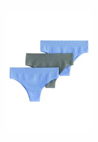 Drie paar hipsterondergoed in lichtblauw, donkerblauw en groen. Gemaakt van zachte stof met een gladde, ribbelige textuur en elastische taillebanden.