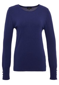 Suéter de manga larga en color navy, confeccionado con un suave tejido de punto. Presenta un escote redondo y detalles de botones en los puños.