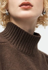Κοντινό πλάνο ενός ατόμου που φοράει καφέ ριγωτό πουλόβερ με ψηλό γιακά και ασημένια σκουλαρίκια σε σχήμα κρίκου, παρουσιάζοντας την υφή του υφάσματος και τα αξεσουάρ.
