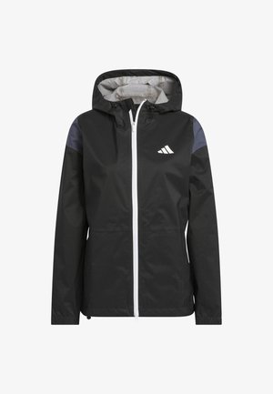 Schwarze, leichte Jacke mit Kapuze, weißem Reißverschluss und grauen Akzenten an den Ärmeln. Verfügt über ein Logo auf der Brust und eine glatte Oberfläche.