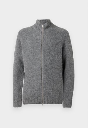 Gray wool zip-up sweater with a high collar, featuring a textured finish and ribbed cuffs and hem. Silver zipper runs down the front.