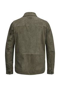 Olivegrüne Cordjacke mit geradem Schnitt, klassischem Kragen und Knopfmanschetten. Die Rückansicht zeigt Nahtdetails und den strukturierten Stoff.