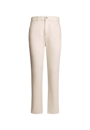 Beige denim broek met een rechte pasvorm, voorzien van een knoopsluiting aan de voorkant, riemlussen en twee zijzakken. Zachte, gladde textuur.