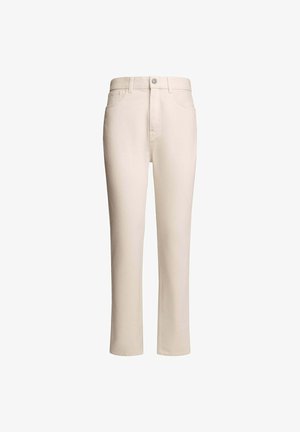 Bež kavbojke z ravnim krojem, ki imajo sprednji gumb, zanke za pas in dva stranska žepa. Mehka, gladka tekstura.