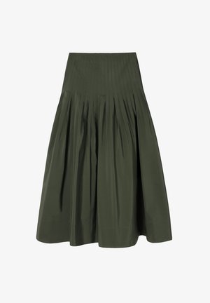 Gonna verde a pieghe realizzata in un tessuto leggero. Presenta un vita aderente e una silhouette svasata, con una consistenza liscia.