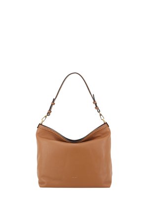 Brown leather handbag with a single adjustable shoulder strap and small gold logo on front against a white background.