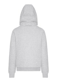 Gray hoodie featuring a drawstring hood, ribbed cuffs, and hem. The fabric appears soft with a smooth texture and no visible patterns.