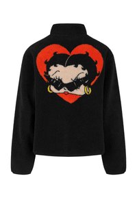 Black fleece pullover jacket with high collar. Features a colorful embroidered design of a woman in a red heart. Soft, textured surface.