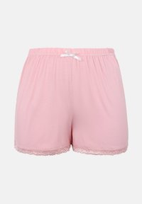 Απαλά σορτς σε ανοιχτό ροζ χρώμα, με ελαστική μέση, μικρό λευκό φιόγκο στο κέντρο και δαντελένιο τελείωμα στις ανοίξεις των ποδιών.