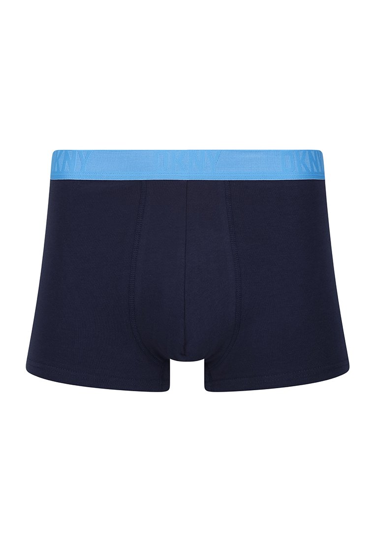 Granatowe bawełniane bokserki z jasnoniebieskim elastycznym paskiem, z wzmocnionymi szwami i profilowaną kieszonką dla wsparcia.