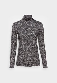 Långärmad polokrage topp i ett strukturerat tyg. Svart med ett abstrakt mönster i vitt och ljusgrått. Åtsittande design med hög krage.