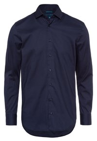 Mörkblå långärmad skjorta med knappar och klassisk krage, med en slät textur och rundad nederkant. Har matchande knappar och inga mönster.