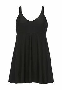 Musta uimapuku, jossa on tiukka yläosa ja levenevät hame, ohutta säädettävää olkaimista ja V-mallinen kaula-aukko, valmistettu sileästä, kevyestä materiaalista.