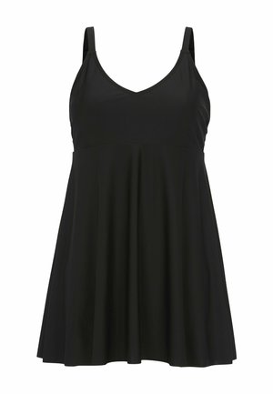 Schwarzes Schwimmdress mit taillierter Oberseite und ausgestellt Rock, ausgestattet mit dünnen verstellbaren Trägern und einem V-Ausschnitt, hergestellt aus glattem, leichtem Material.