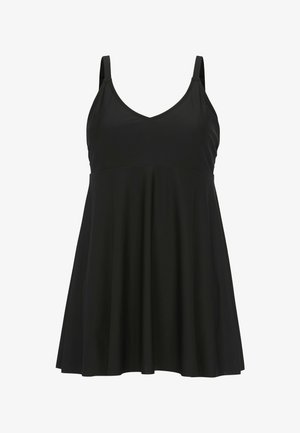 Sort svømmedragt med tætsiddende overdel og flydende nederdel, med tynde justerbare stropper og V-udskæring, lavet af glat, let materiale.