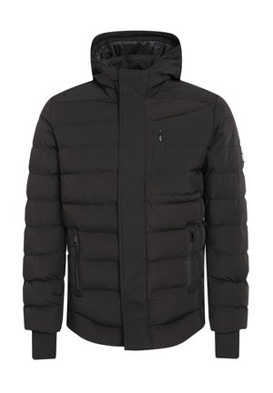 Schwarze, dicke Jacke mit einem hohen Kragen, Reißverschluss vorne und seitlichen Taschen. Verfügt über elastische Bündchen und eine glatte Textur. Leichtes Design.