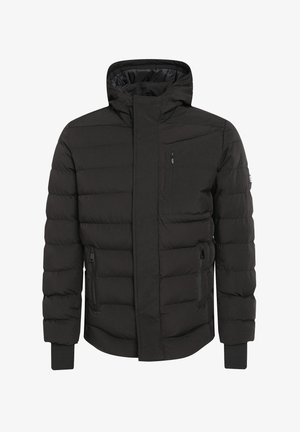 Mustmust puffer jope kõrge kraega, tõmblukk ees ja küljetaskud. Omab elastseid mansette ja sileda tekstuuri. Kerge disain.