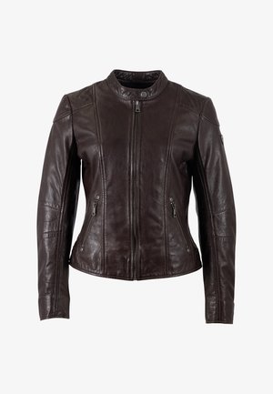 Bruine leren jas met een staande kraag, ritssluitingen aan de voorkant en twee zijzakken met ritsen. Glad textuur en slank ontwerp.