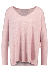 Růžový pulovr s V výstřihem a dlouhými rukávy, volný střih, texturovaný pletený vzor a mírně zakřivený lem. Měkký, lehký materiál.