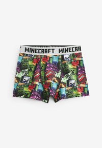 Boxeri tematici Minecraft, cu un model colorat de personaje și elemente pe un fond negru, având un elastic gri în talie.