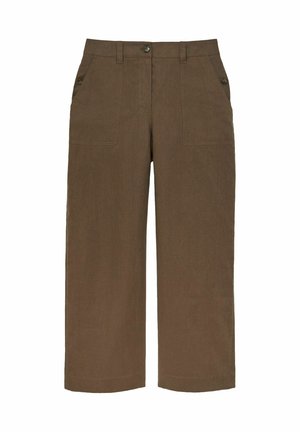 Pantaloni maro cu talie înaltă și croială largă, cu buzunare aplicate în față, închidere cu nasturi și bucle pentru curea, afișați pe un fundal alb.