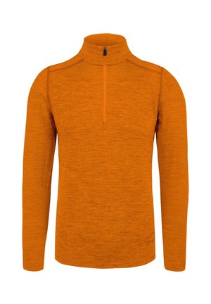 Langarm-Pullover in leuchtendem Orange mit hohem Kragen und halbem Reißverschluss. Strukturierter Stoff mit subtilen Details nahe dem Saum.