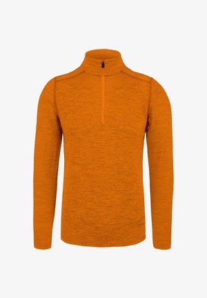 Langarm-Pullover in leuchtendem Orange mit hohem Kragen und halbem Reißverschluss. Strukturierter Stoff mit subtilen Details nahe dem Saum.