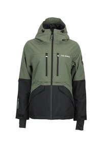 Veste imperméable avec une partie supérieure verte et des sections inférieures noires. Caractéristiques : une capuche, deux poches poitrine zippées et des cordons de serrage réglables.