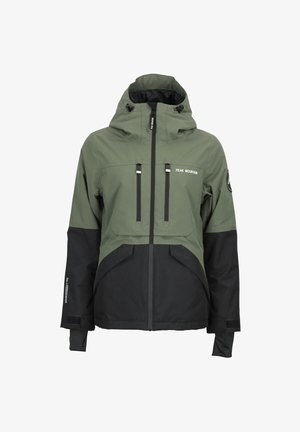 Veste imperméable avec une partie supérieure verte et des sections inférieures noires. Caractéristiques : une capuche, deux poches poitrine zippées et des cordons de serrage réglables.