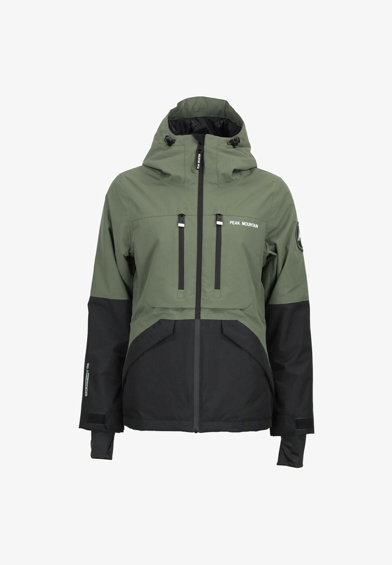 Wasserdichte Jacke mit grünem Oberteil und schwarzem Unterteil. Verfügt über eine Kapuze, zwei Reißverschluss-Brusttaschen und verstellbare Kordelzüge.