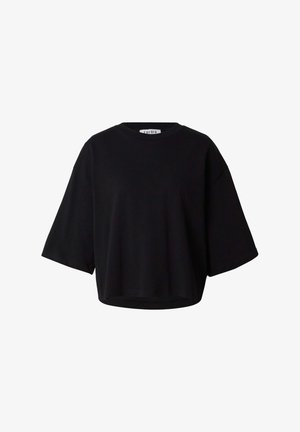 Zwart oversized T-shirt met korte mouwen, ronde hals, losse pasvorm en verlaagde schouders.