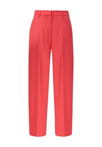 Coral wide-leg trousers with a smooth texture, featuring a high waist, pleats at the front, and hemmed cuffs.