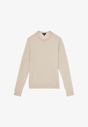 Šviesiai pilkas ilgomis rankovėmis megztinis su apvalia iškirpte. Pagamintas iš minkštos medžiagos, turi įribotas rankovių ir apačios dalis. Minimalistinis dizainas, be raštų.