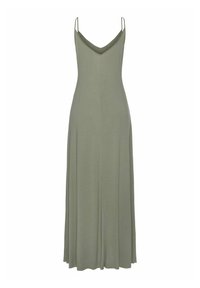 Olivenfarbendes Maxikleid mit Spaghettiträgern, V-Ausschnitt und weicher Textur. Enganliegendes Oberteil, das in einen ausgestellten Rock übergeht und eine lässige Silhouette schafft.
