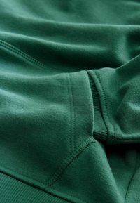 Grön sweatshirt i ett mjukt, texturerat tyg. Har ribbade ärmslut och en slät halsringning med sömnadsdetaljer.