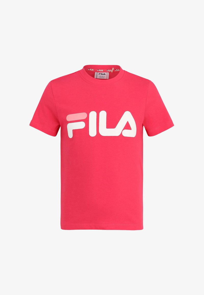 T-shirt di cotone rosa con maniche corte, caratterizzato da un grande logo bianco "FILA" stampato sulla parte anteriore. Design classico a girocollo.