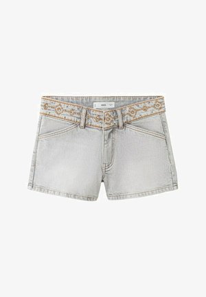 Svetlosivé džínsy krátke nohavice s vyšívanými hnedými a béžovými kvetinovými vzormi pozdĺž pásu, vybavené prednými vreckami a očkami na opasok.