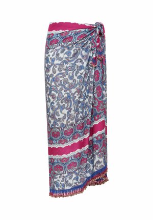 Gonna a portafoglio con stampa paisley rosa, blu e bianca, legata in vita con nappine e dettaglio con frange sull'orlo.