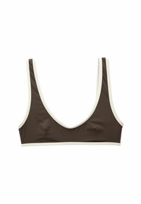 Soutien-gorge crop top marron avec larges bretelles et un décolleté profond en forme de scoop. Détails en crème autour des bords. Fabriqué en tissu lisse et extensible.