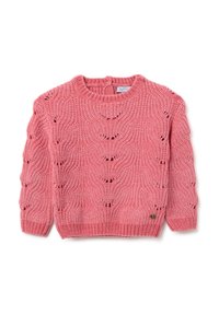 Rosa gestrickter Pullover mit strukturiertem Muster, rundem Ausschnitt und geripptem Saum. Dekorative Zierstiche und kleines Logo an der Seite.