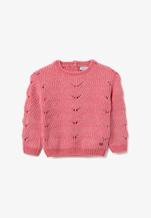 Maglione rosa lavorato a maglia con un motivo a onde testurizzato e polsini a coste. Presenta un colletto rotondo e un accento con logo vicino all'orlo.