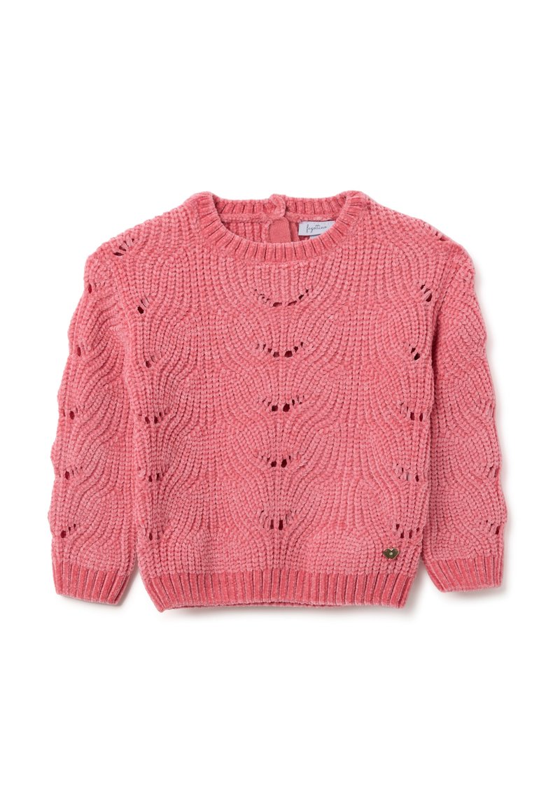 Rosa gestrickter Pullover mit strukturiertem Muster, rundem Ausschnitt und geripptem Saum. Dekorative Zierstiche und kleines Logo an der Seite.