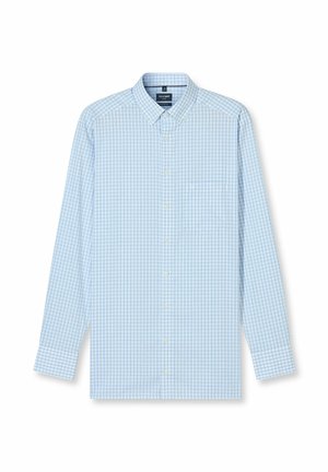 Hellblaues Hemd mit Knöpfen, das ein Karomuster, lange Ärmel, eine Brusttasche und einen klassischen Kragen aufweist. Glatte Stoffstruktur.