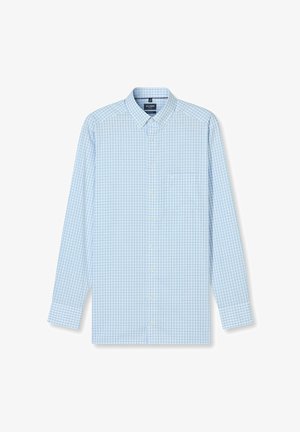 Hellblaues Hemd mit Knöpfen, das ein Karomuster, lange Ärmel, eine Brusttasche und einen klassischen Kragen aufweist. Glatte Stoffstruktur.
