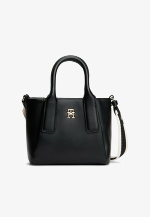 Borsa a tracolla in pelle nera con due manici superiori arrotondati, una tracolla staccabile nera e bianca e logo TH dorato al centro anteriore.