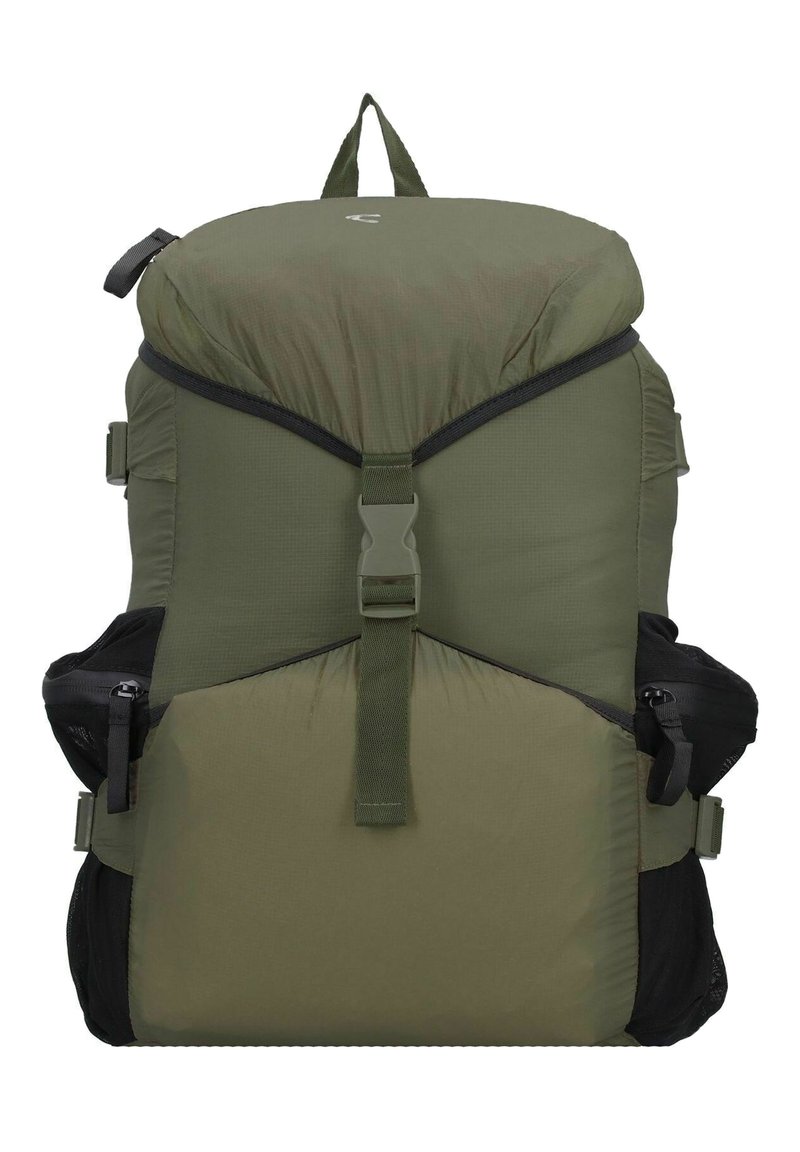 Olivenfarbene Rucksack mit abgerundetem Oberteil, Reißverschluss, verstellbaren Trägern und Netz-Seitentaschen. Texturiertes Gewebe mit strukturierter Gestaltung.