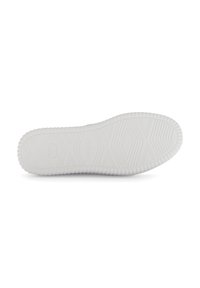 Witte rubberen zool van een schoen met een gestructureerd oppervlak, met een zigzagpatroon en afgeronde randen. Merken zichtbaar aan de zijkant.