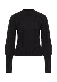 Pulover negru tricotat, cu un design texturat sub formă de cablu, manșete cu nervuri și guler rotund. Lungime cropped cu mâneci lungi, ușor bufante.