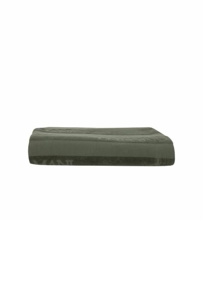Letto per animali domestici verde di forma rettangolare, con texture morbida e un delicato motivo in rilievo sulla superficie. Presenta una striscia inferiore di colore contrastante.